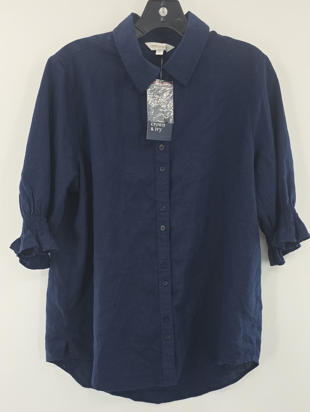 crown & ivy Navy Button-Front Ruffle Sleeve Shirt